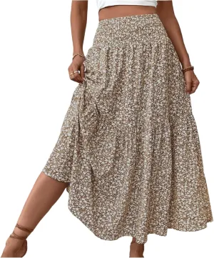 Long Flowy Skirts for Women Summer Elastic Waist Smocked Ruffle Tiered Floral Maxi Skirt with Pockets Boho A Line Skorts