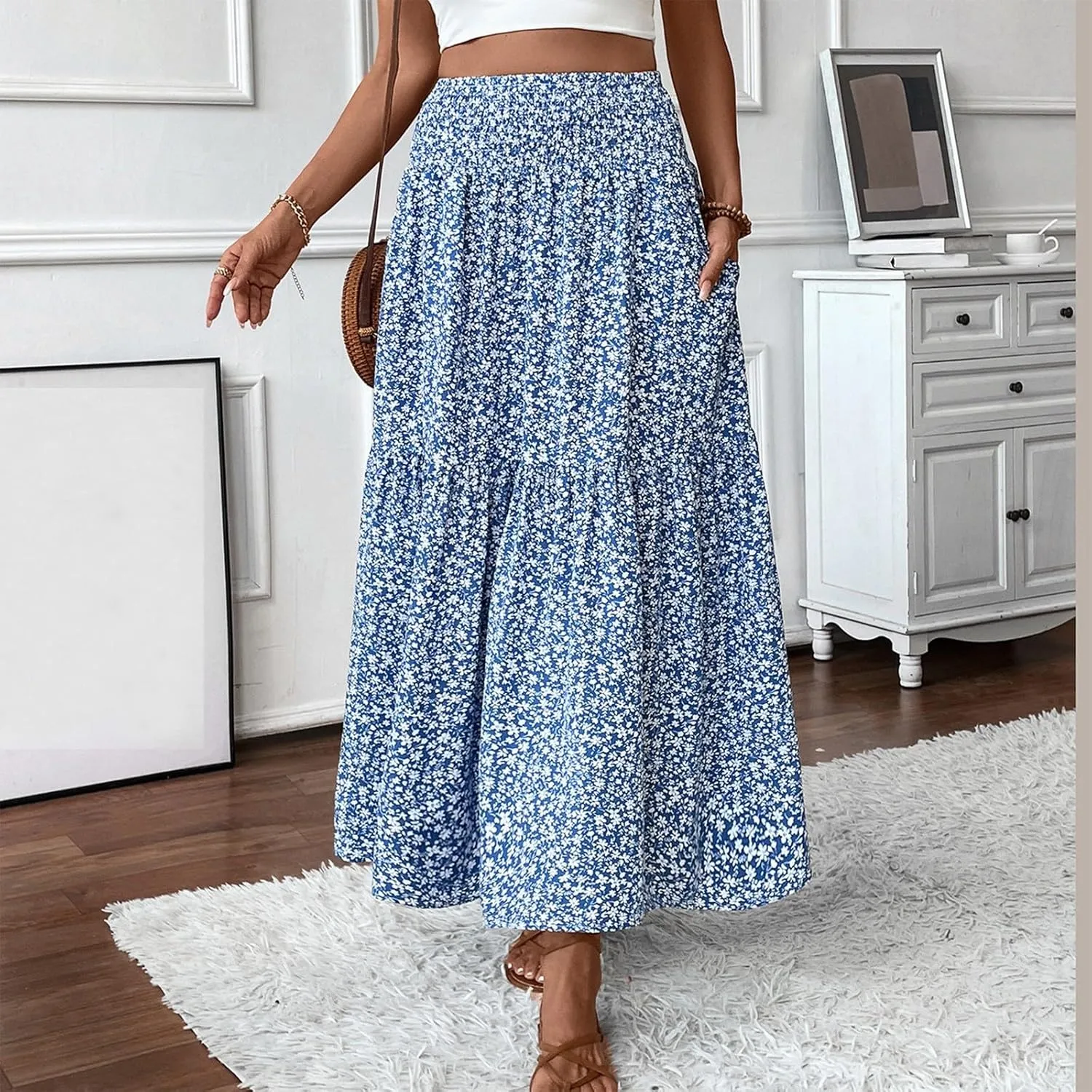 Long Flowy Skirts for Women Summer Elastic Waist Smocked Ruffle Tiered Floral Maxi Skirt with Pockets Boho A Line Skorts