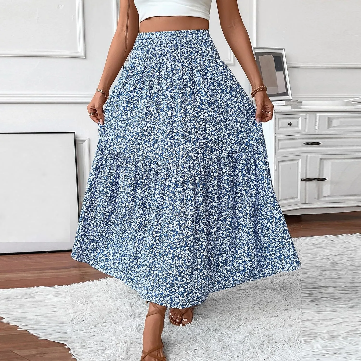 Long Flowy Skirts for Women Summer Elastic Waist Smocked Ruffle Tiered Floral Maxi Skirt with Pockets Boho A Line Skorts