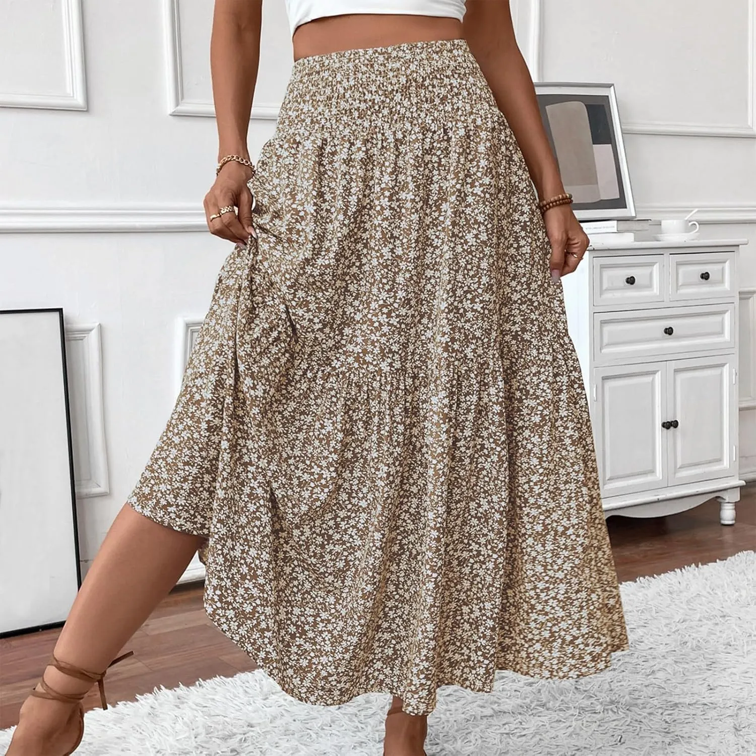 Long Flowy Skirts for Women Summer Elastic Waist Smocked Ruffle Tiered Floral Maxi Skirt with Pockets Boho A Line Skorts