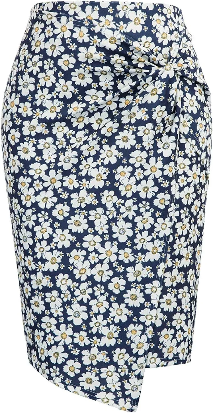 Long Flowy Skirts for Women Trendy Boha Floral Print Tummy Control Slim High Elastic Waist Casual Skirts with Slit