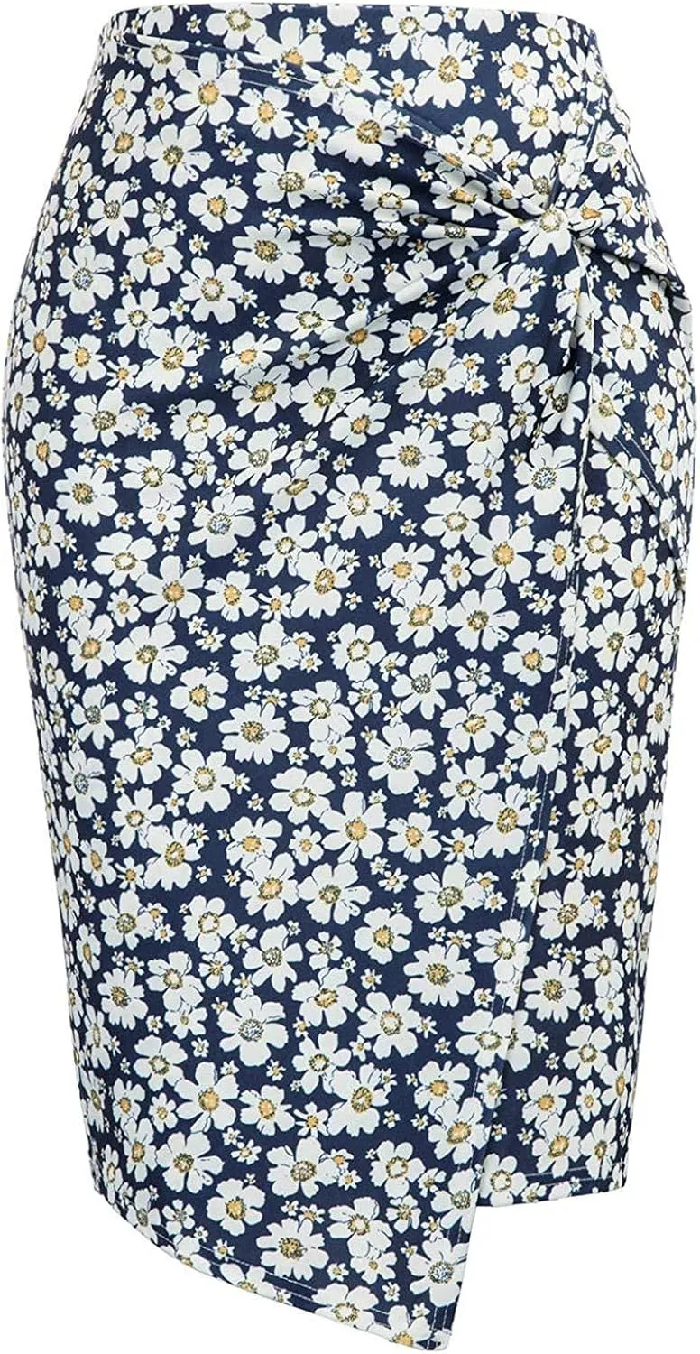 Long Flowy Skirts for Women Trendy Boha Floral Print Tummy Control Slim High Elastic Waist Casual Skirts with Slit
