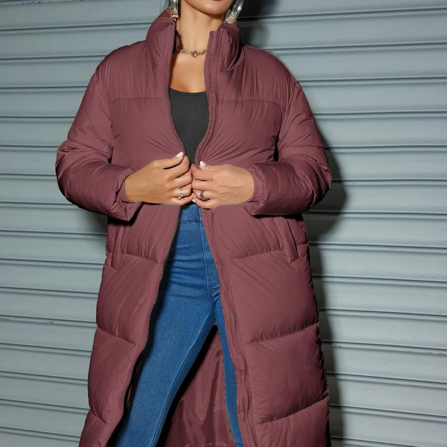 Long Puffer Coat Women Quilted Lightweight Jackets Thicken Winter Coats Parka Maxi Length Down Coats Full Zip Outwear