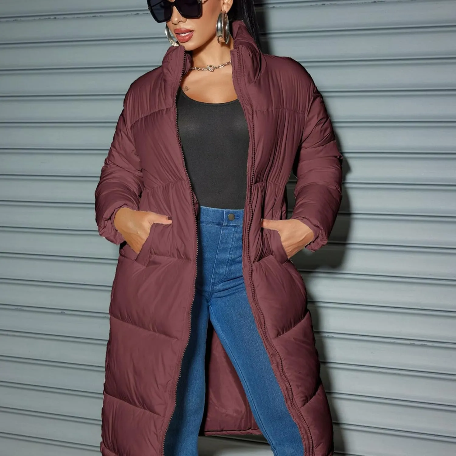 Long Puffer Coat Women Quilted Lightweight Jackets Thicken Winter Coats Parka Maxi Length Down Coats Full Zip Outwear