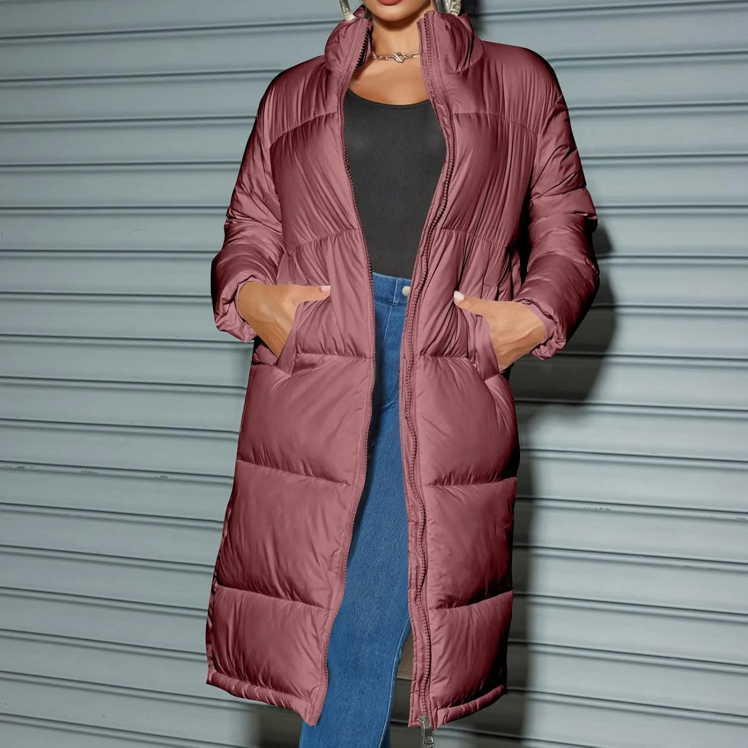 Long Puffer Coat Women Quilted Lightweight Jackets Thicken Winter Coats Parka Maxi Length Down Coats Full Zip Outwear
