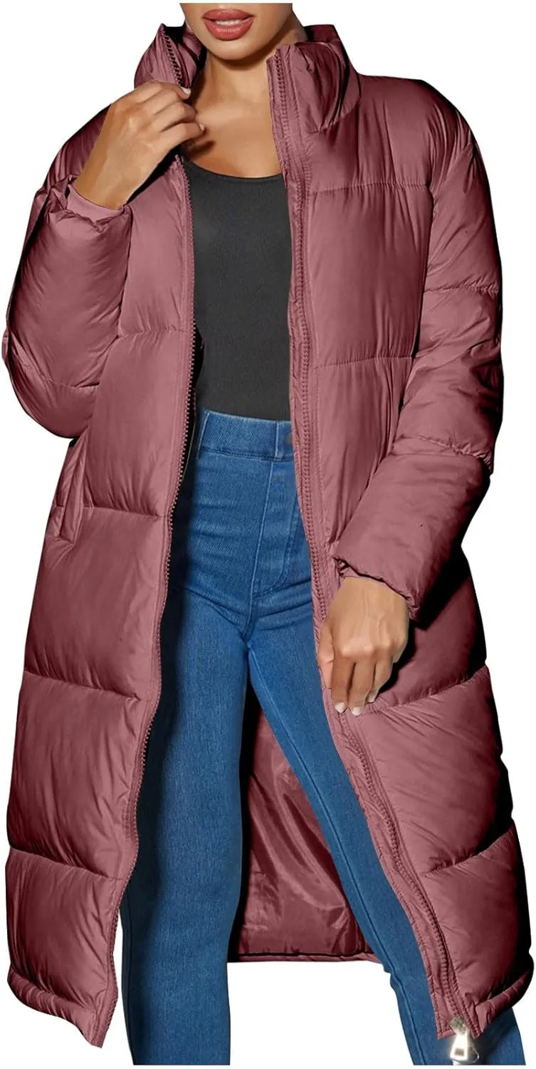 Long Puffer Coat Women Quilted Lightweight Jackets Thicken Winter Coats Parka Maxi Length Down Coats Full Zip Outwear
