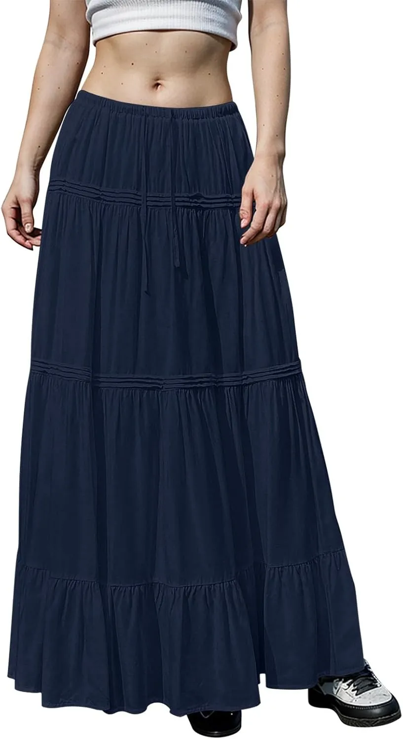 Long Skirts for Women Trendy Drawstring Waisted Flowy Tiered Linen Skirt Summer Pleated Ruffle A-Line Maxi Skirts