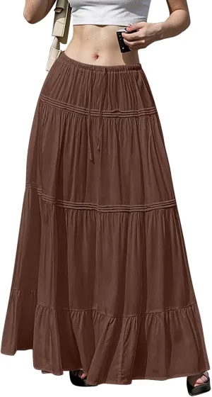 Long Skirts for Women Trendy Drawstring Waisted Flowy Tiered Linen Skirt Summer Pleated Ruffle A-Line Maxi Skirts