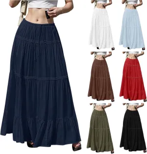 Long Skirts for Women Trendy Drawstring Waisted Flowy Tiered Linen Skirt Summer Pleated Ruffle A-Line Maxi Skirts