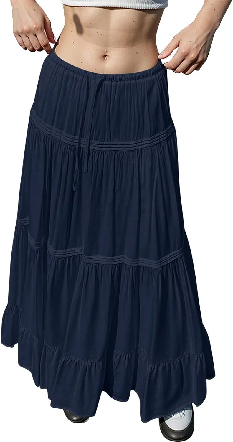 Long Skirts for Women Trendy Drawstring Waisted Flowy Tiered Linen Skirt Summer Pleated Ruffle A-Line Maxi Skirts