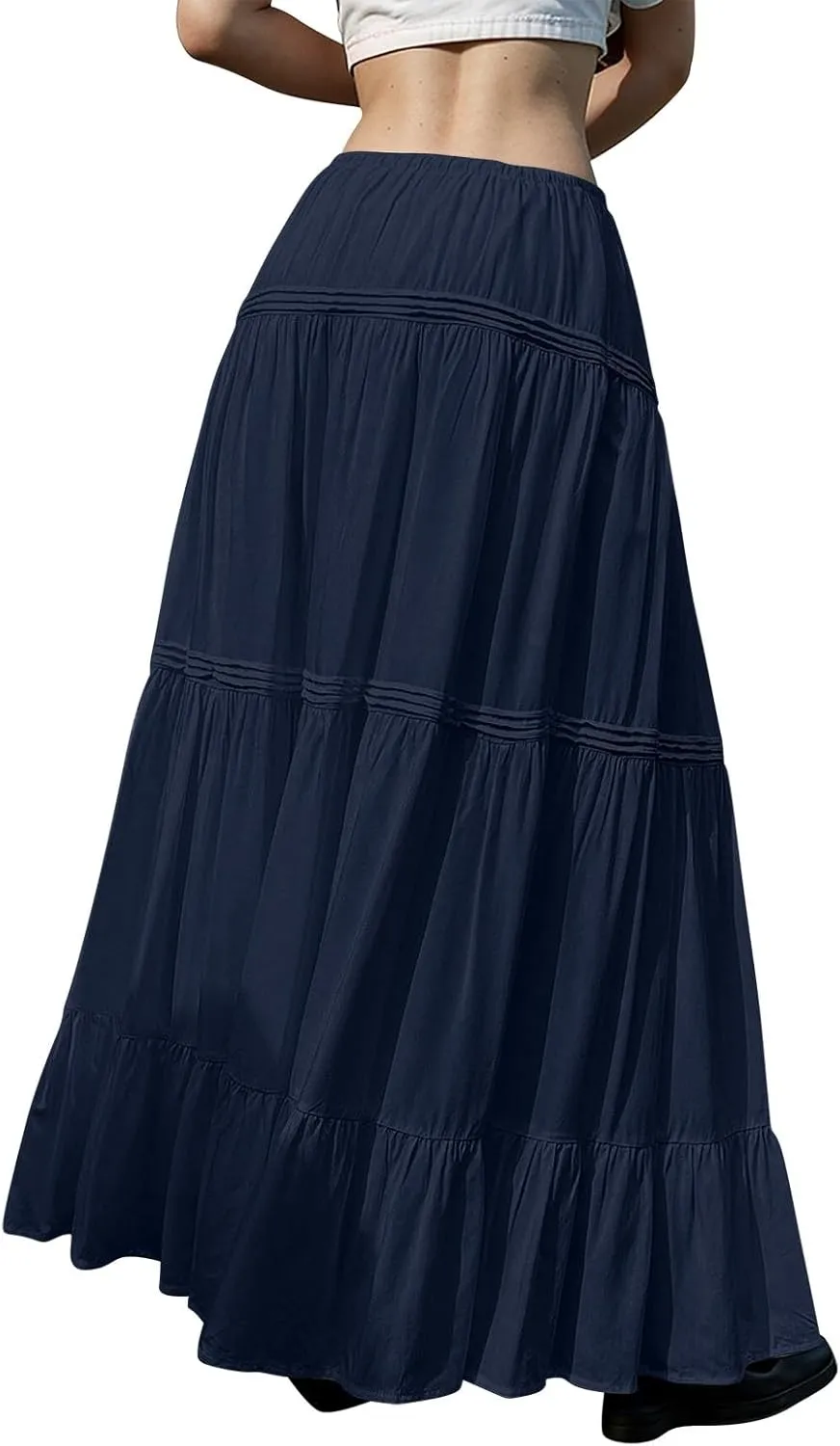Long Skirts for Women Trendy Drawstring Waisted Flowy Tiered Linen Skirt Summer Pleated Ruffle A-Line Maxi Skirts