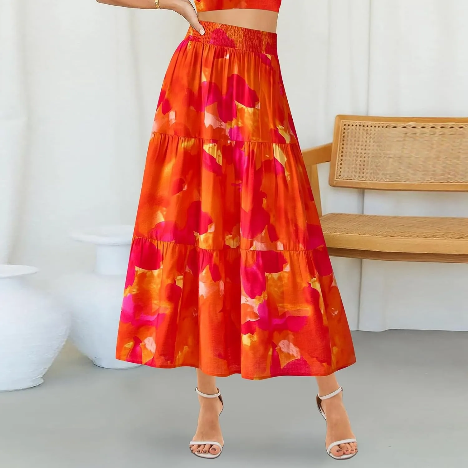 Long Skirts for Women Trendy Summer High Waisted Flowy Tiered Floral Maxi Skirts Casual A-Line Pleated Boho Skirt