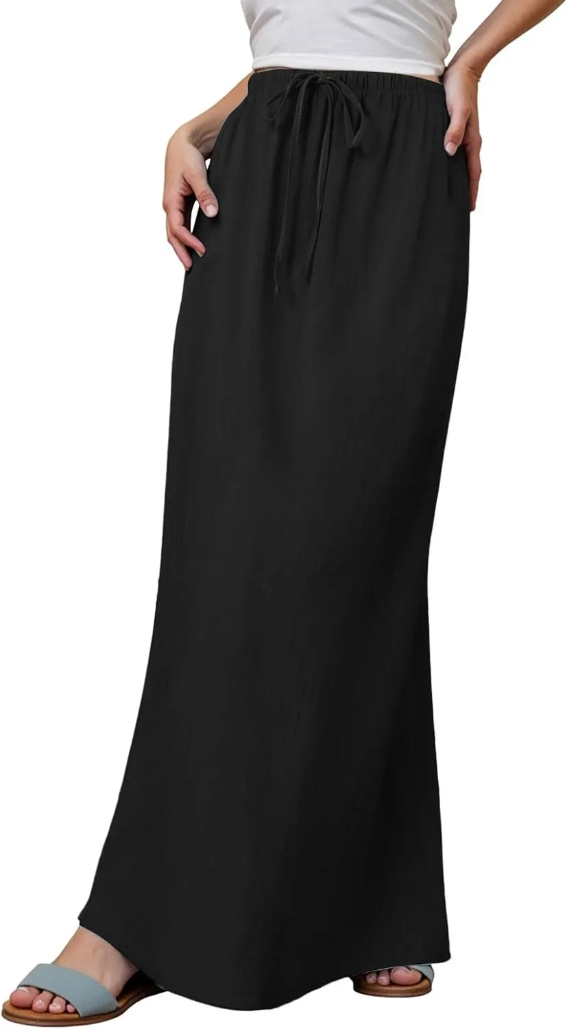 Long Skirts for Women with Slit high Elastic Waist Loose Solid Casual Maxi Skirt for Women Trendy Summer Vacation