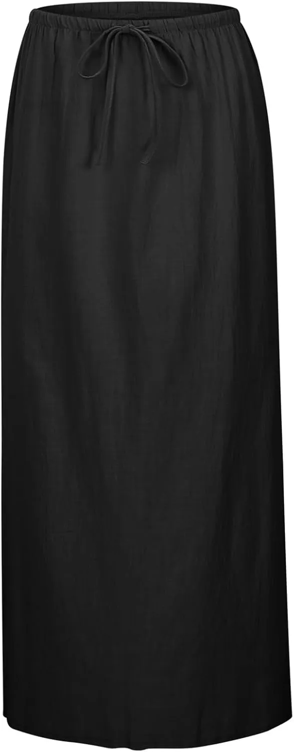 Long Skirts for Women with Slit high Elastic Waist Loose Solid Casual Maxi Skirt for Women Trendy Summer Vacation
