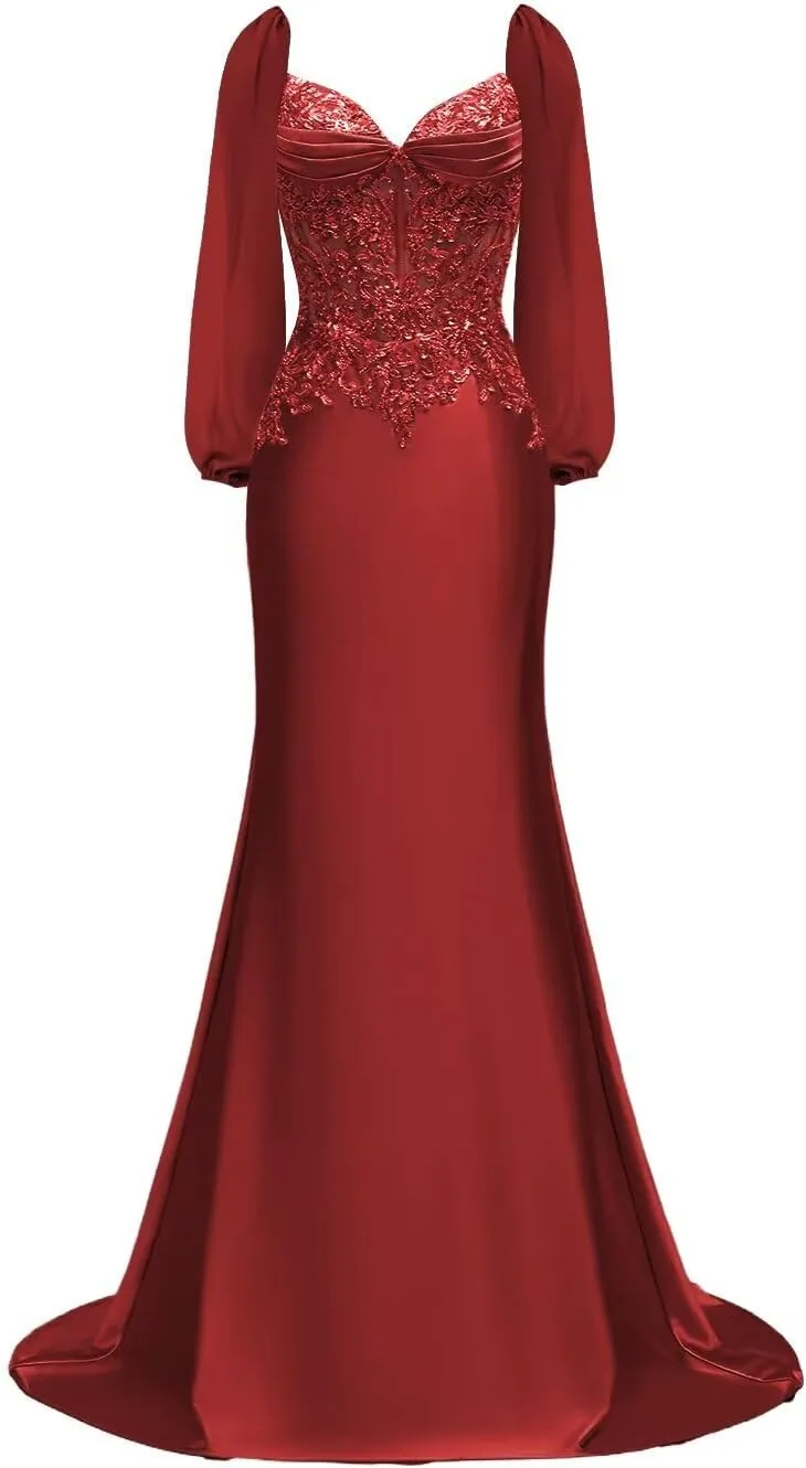 Long Sleeve Satin Prom Dresses for Women 2025 Mermaid Formal Dresses Beaded Appliques Evening Gala Dress
