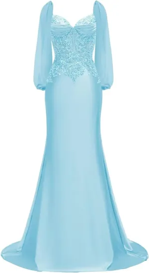 Long Sleeve Satin Prom Dresses for Women 2025 Mermaid Formal Dresses Beaded Appliques Evening Gala Dress