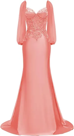 Long Sleeve Satin Prom Dresses for Women 2025 Mermaid Formal Dresses Beaded Appliques Evening Gala Dress