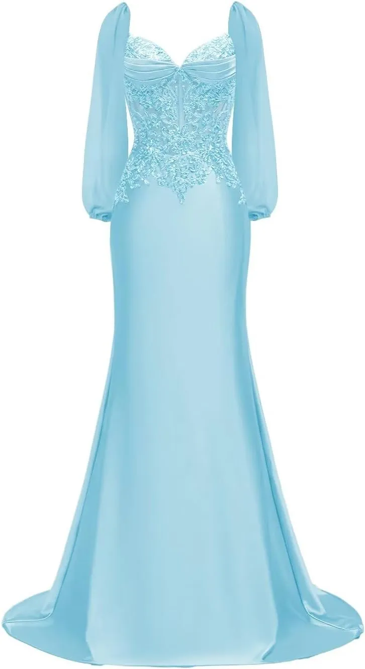 Long Sleeve Satin Prom Dresses for Women 2025 Mermaid Formal Dresses Beaded Appliques Evening Gala Dress