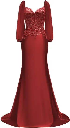 Long Sleeve Satin Prom Dresses for Women 2025 Mermaid Formal Dresses Beaded Appliques Evening Gala Dress