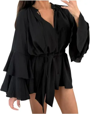 Long Sleeve Short Dresses for Women,V Neck Casual Dress Loose Fit Summer Dresses Flowy Mini Dress
