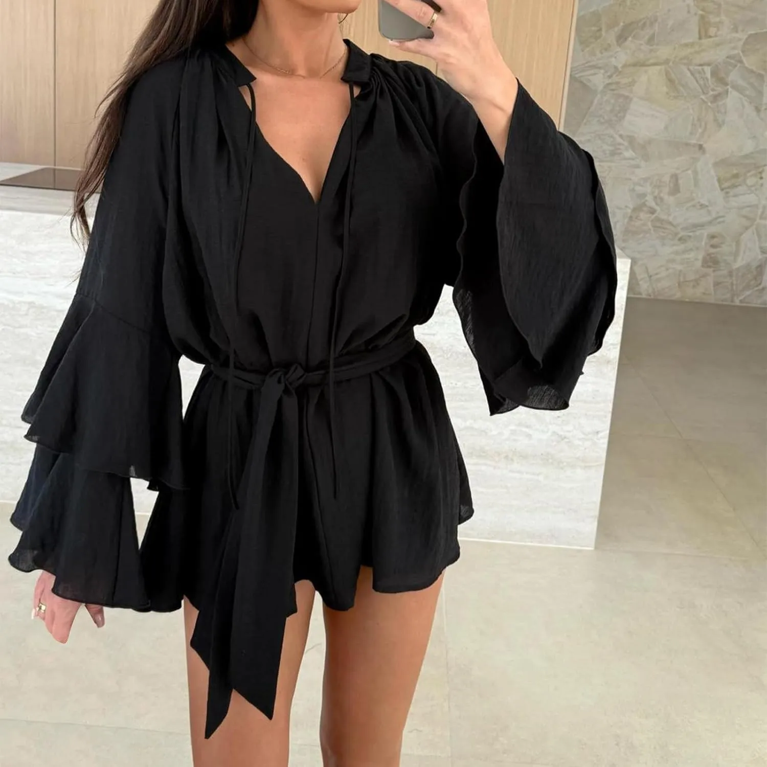Long Sleeve Short Dresses for Women,V Neck Casual Dress Loose Fit Summer Dresses Flowy Mini Dress