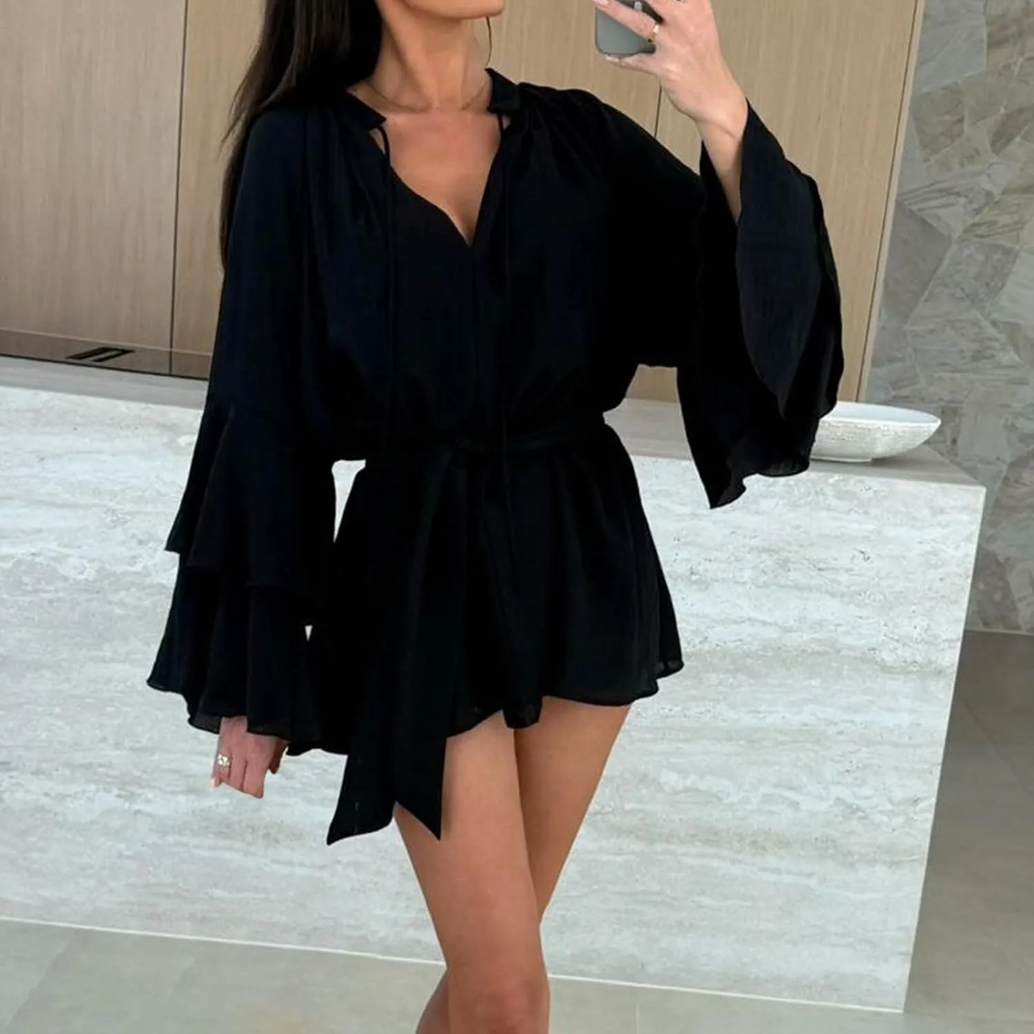 Long Sleeve Short Dresses for Women,V Neck Casual Dress Loose Fit Summer Dresses Flowy Mini Dress