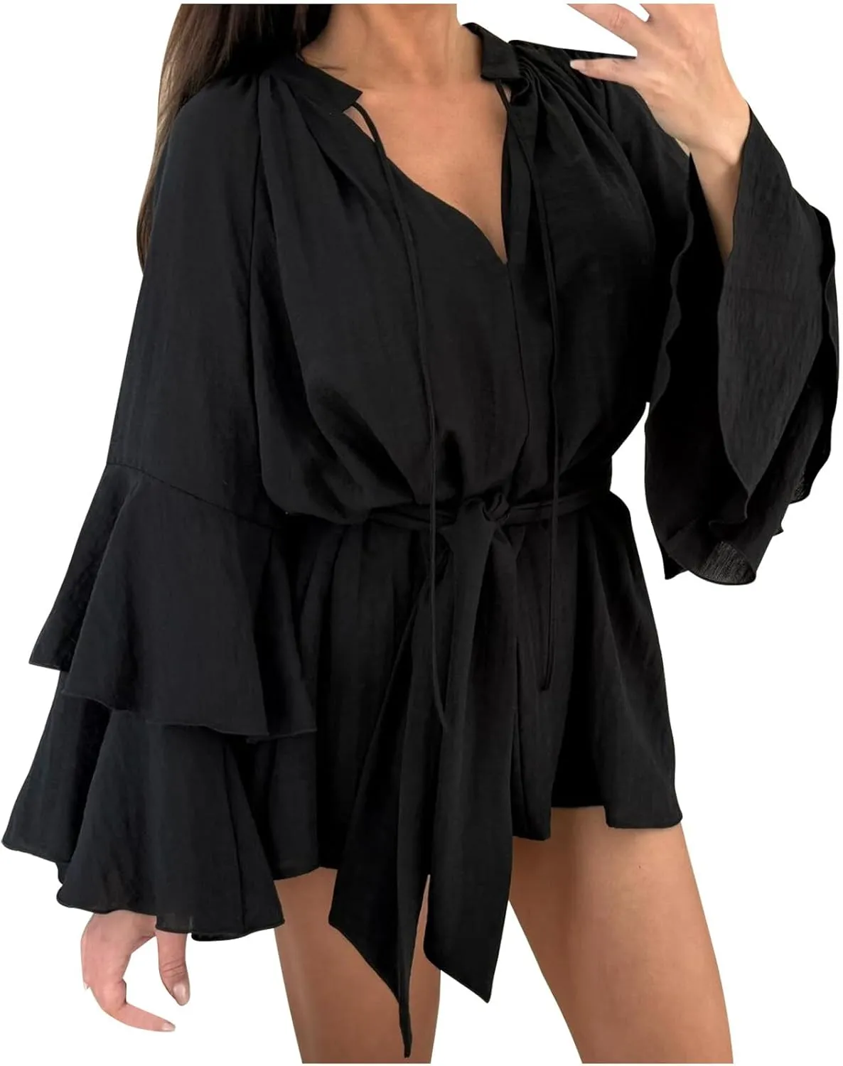 Long Sleeve Short Dresses for Women,V Neck Casual Dress Loose Fit Summer Dresses Flowy Mini Dress