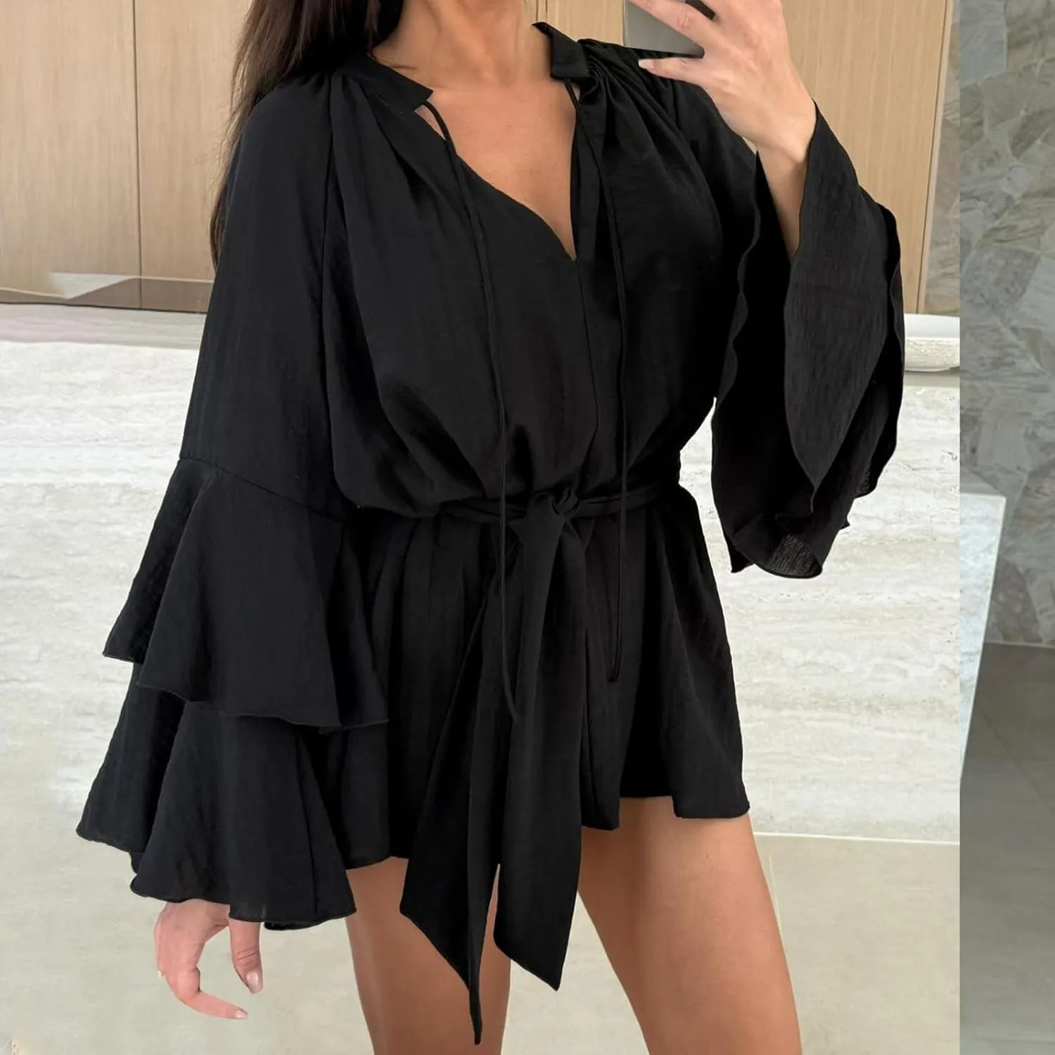 Long Sleeve Short Dresses for Women,V Neck Casual Dress Loose Fit Summer Dresses Flowy Mini Dress