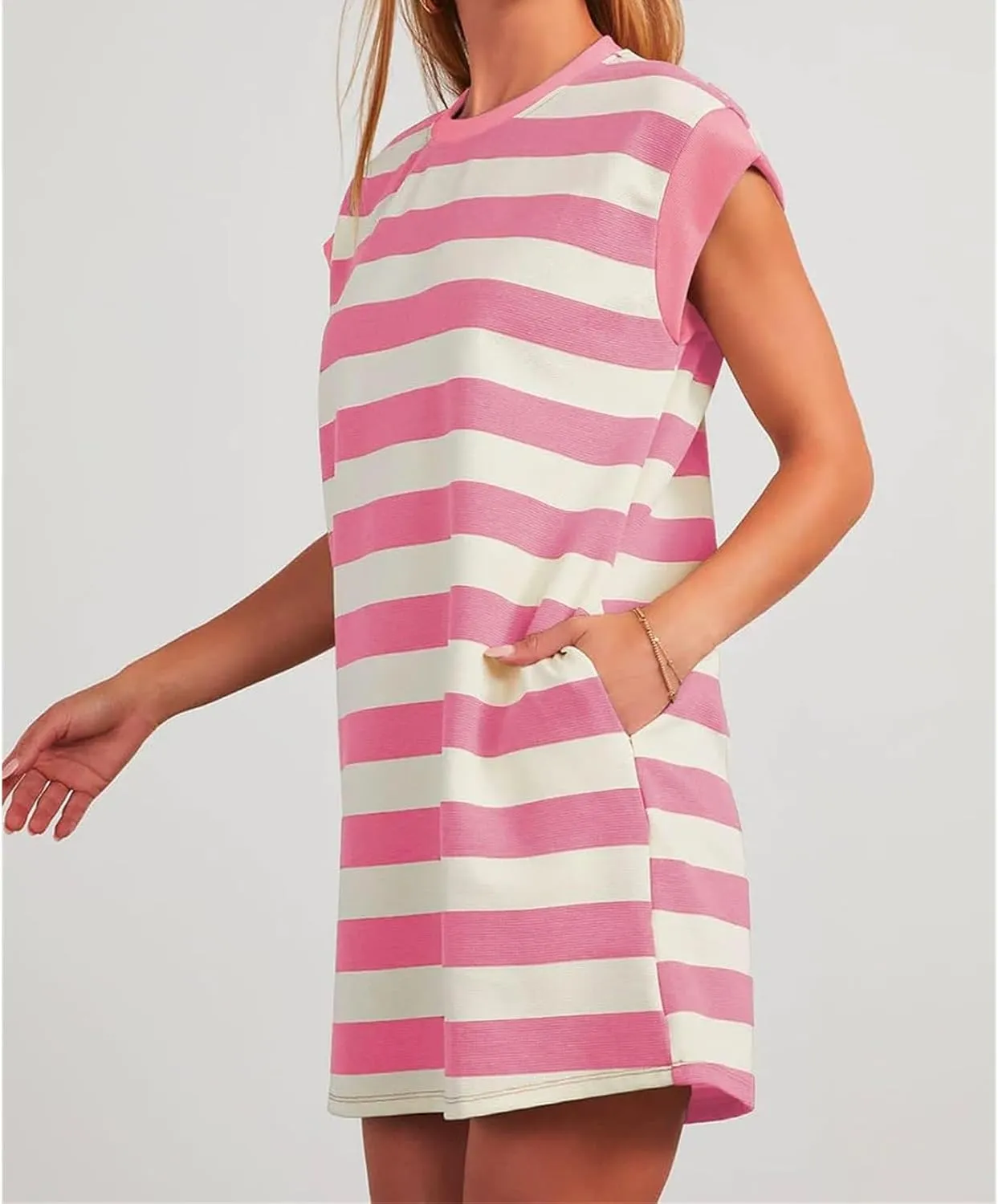 Loose Fit Dresses for Women Cap Sleeve Crewneck Striped Dress Loungewear Summer Casual Plus Size Mini Dress 2025