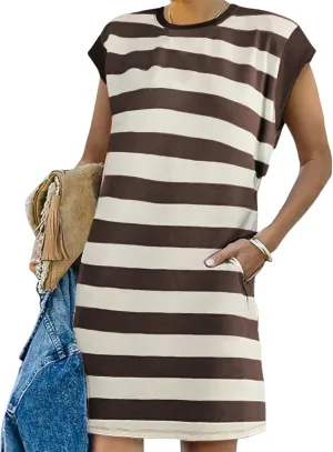 Loose Fit Dresses for Women Cap Sleeve Crewneck Striped Dress Loungewear Summer Casual Plus Size Mini Dress 2025