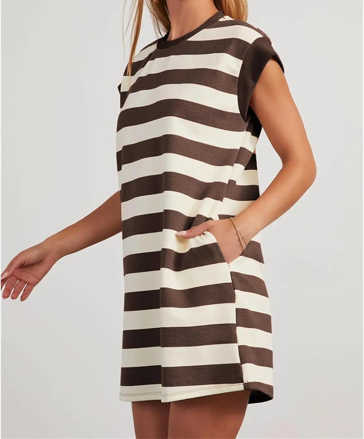 Loose Fit Dresses for Women Cap Sleeve Crewneck Striped Dress Loungewear Summer Casual Plus Size Mini Dress 2025