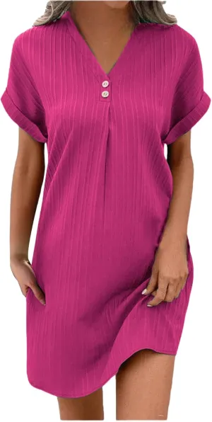 Loose Fit Dresses for Women V Neck Button Down Short Sleeve Tops Mini Dress Casual Soft Dresses Fashion Dressy Dress