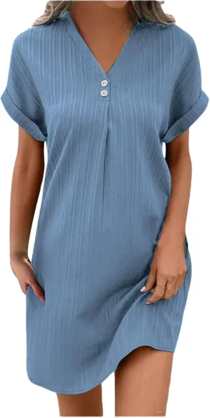 Loose Fit Dresses for Women V Neck Button Down Short Sleeve Tops Mini Dress Casual Soft Dresses Fashion Dressy Dress