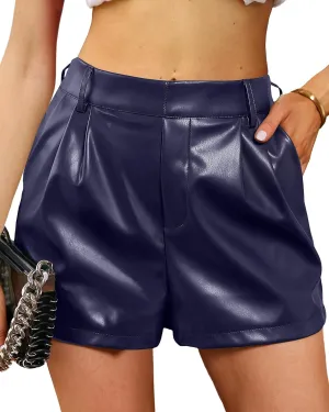 luvamia Faux Leather Shorts for Women High Waisted Pleated Wide Leg Stretchy Shorts with Pockets PU Leather Pants