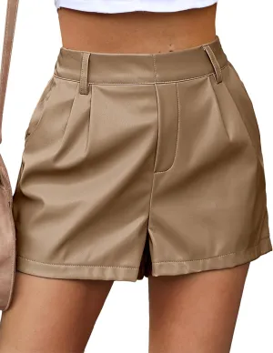 luvamia Faux Leather Shorts for Women High Waisted Pleated Wide Leg Stretchy Shorts with Pockets PU Leather Pants