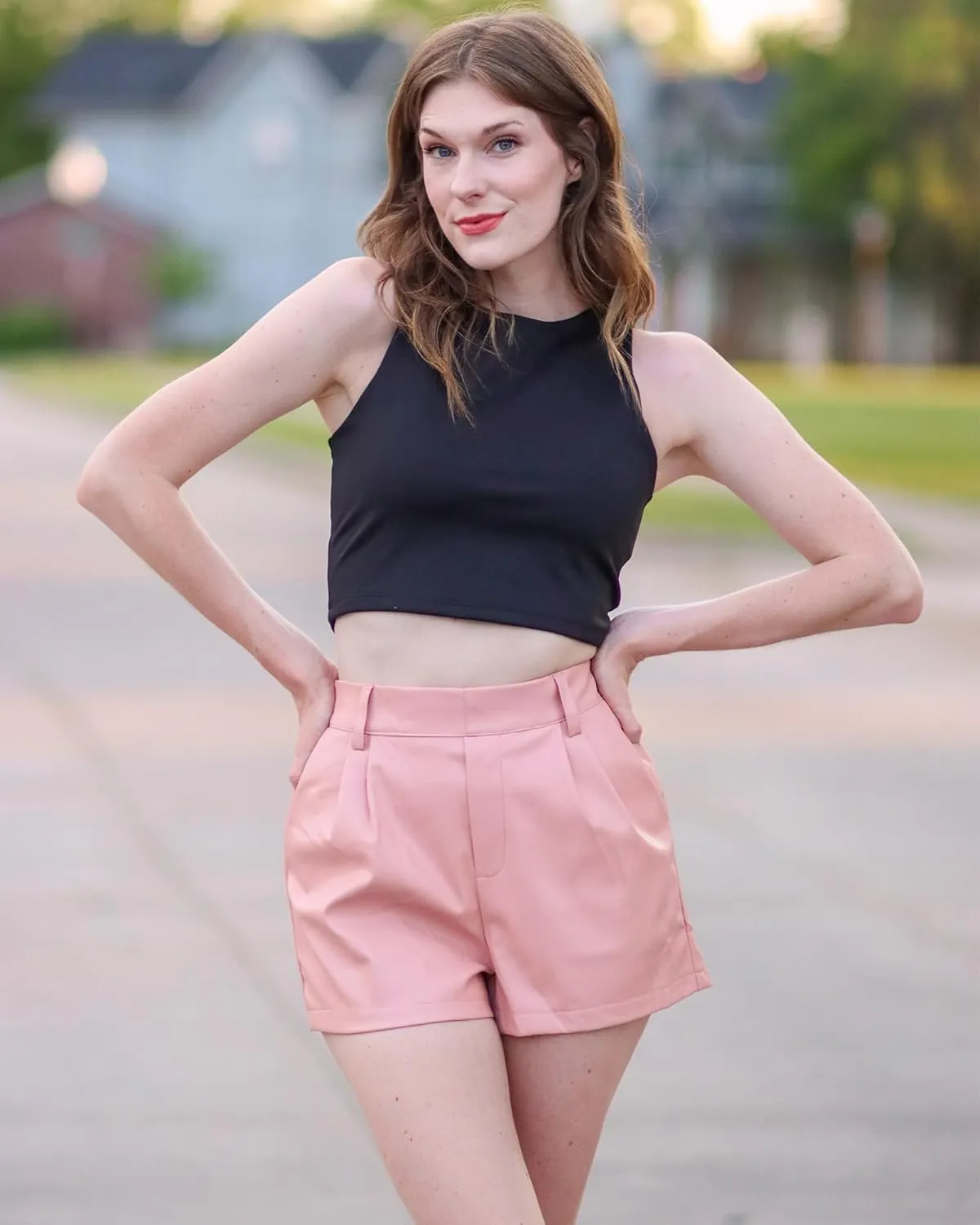 luvamia Faux Leather Shorts for Women High Waisted Pleated Wide Leg Stretchy Shorts with Pockets PU Leather Pants