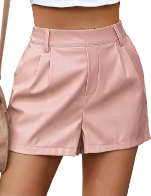 luvamia Faux Leather Shorts for Women High Waisted Pleated Wide Leg Stretchy Shorts with Pockets PU Leather Pants