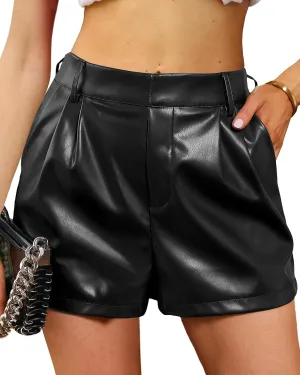 luvamia Faux Leather Shorts for Women High Waisted Pleated Wide Leg Stretchy Shorts with Pockets PU Leather Pants