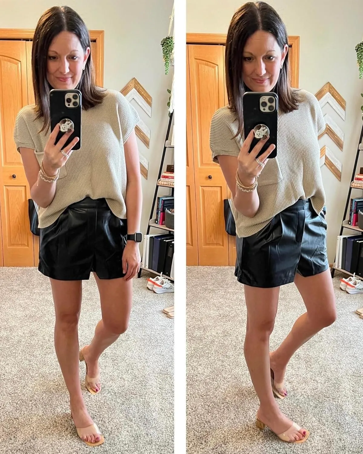 luvamia Faux Leather Shorts for Women High Waisted Pleated Wide Leg Stretchy Shorts with Pockets PU Leather Pants