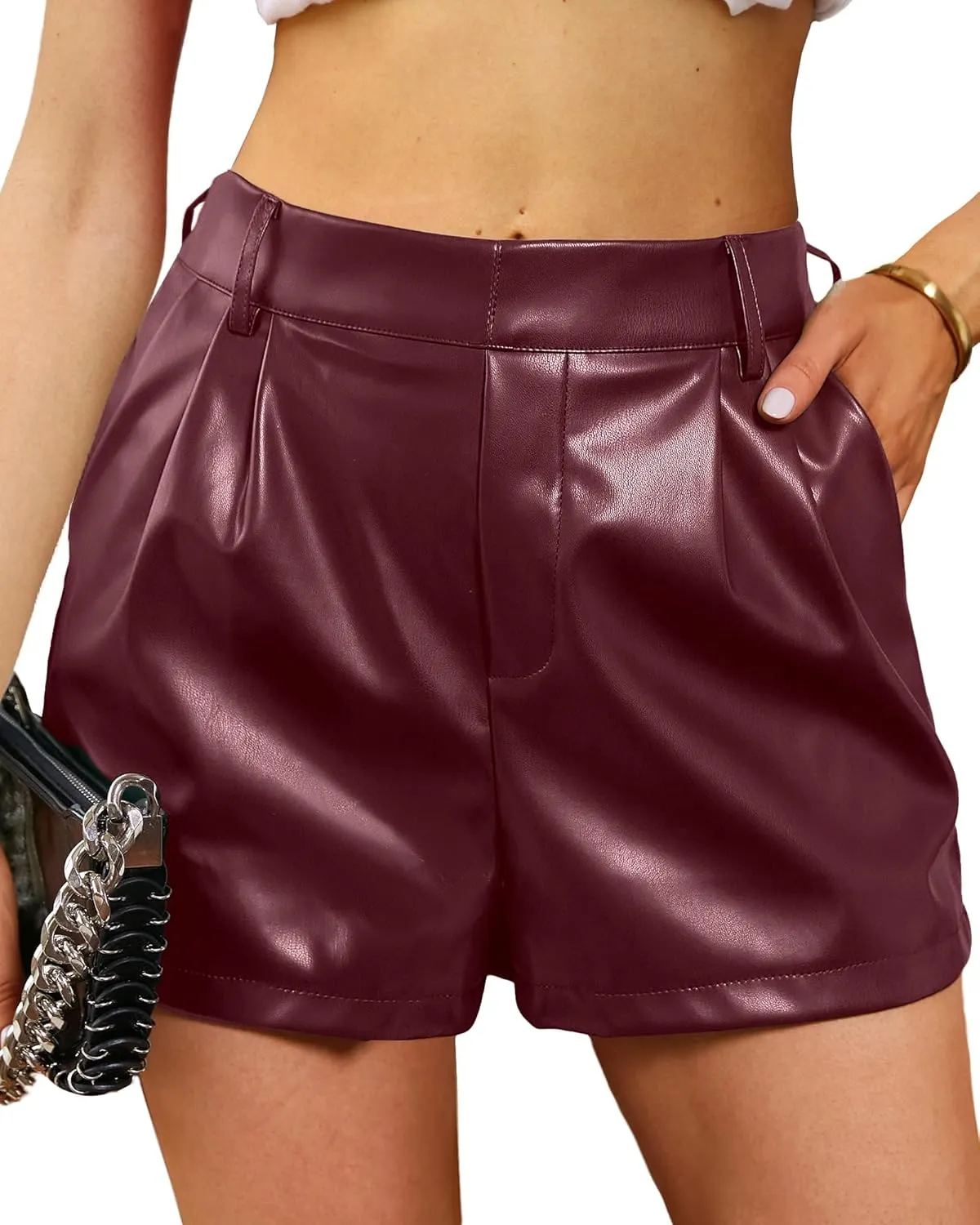 luvamia Faux Leather Shorts for Women High Waisted Pleated Wide Leg Stretchy Shorts with Pockets PU Leather Pants