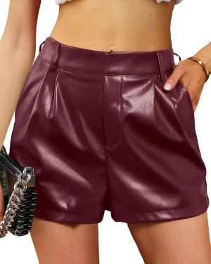 luvamia Faux Leather Shorts for Women High Waisted Pleated Wide Leg Stretchy Shorts with Pockets PU Leather Pants