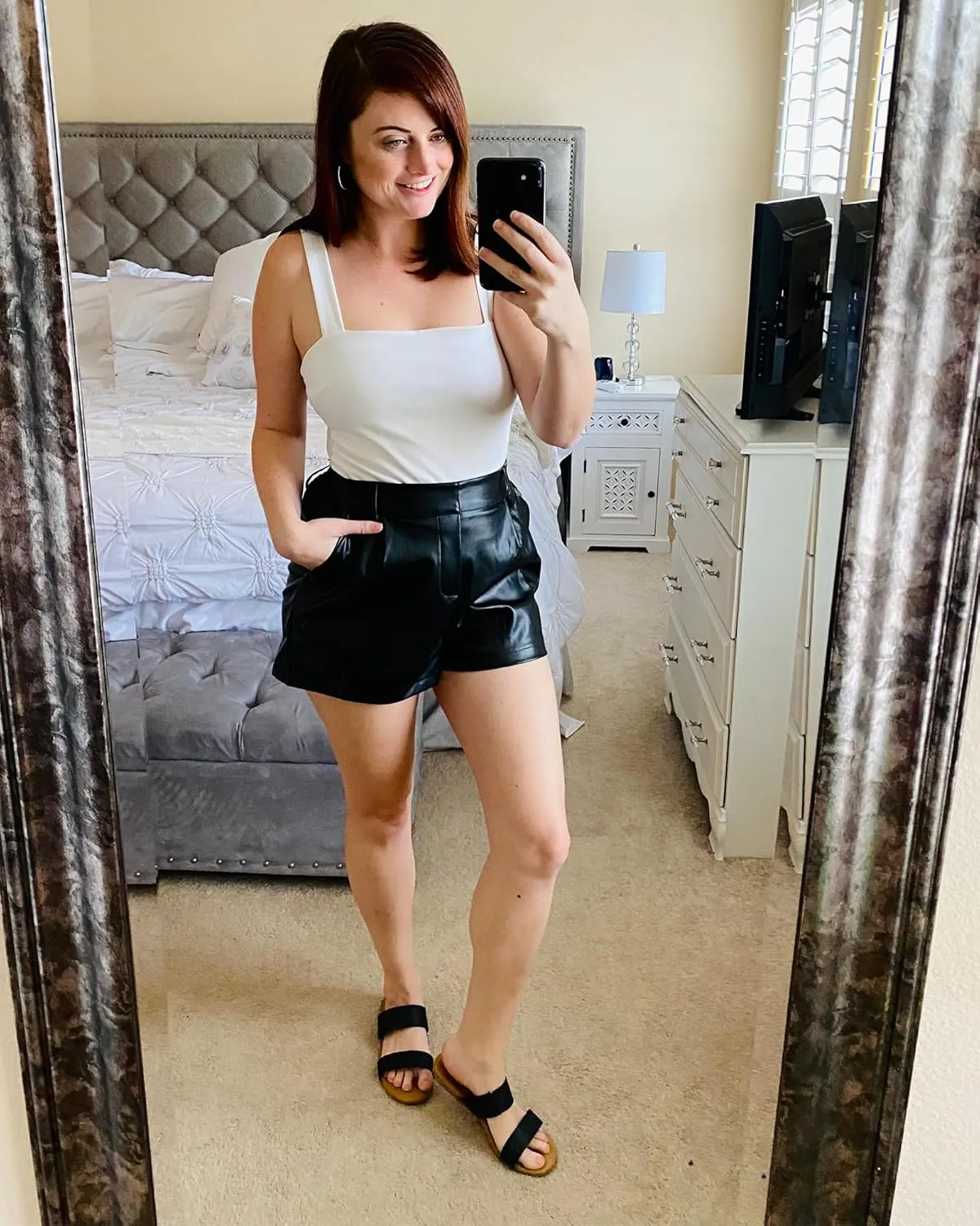 luvamia Faux Leather Shorts for Women High Waisted Pleated Wide Leg Stretchy Shorts with Pockets PU Leather Pants