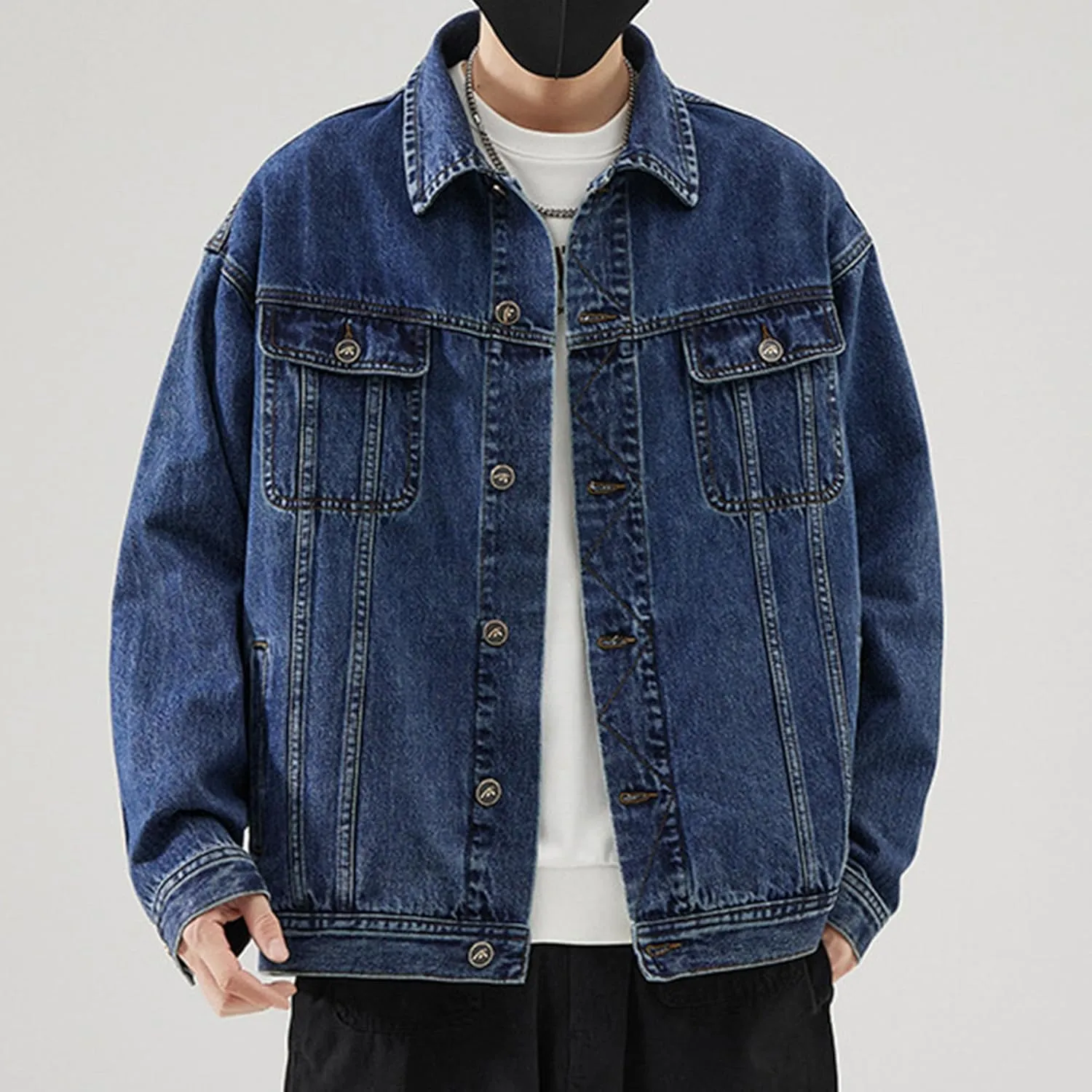 Maiyifu-GJ Men's Distressed Jean Jacket Long Sleeve Denim Trucker Jacket Regular Fit Button Up Utility Pocket Overshirt