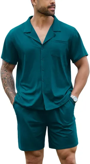 Marvmys Men Pajama Set Cotton Sleepwear Short Sleeve Button Down Pajamas Loungewear 2 Piece Pj Set With Pockets S-2XL