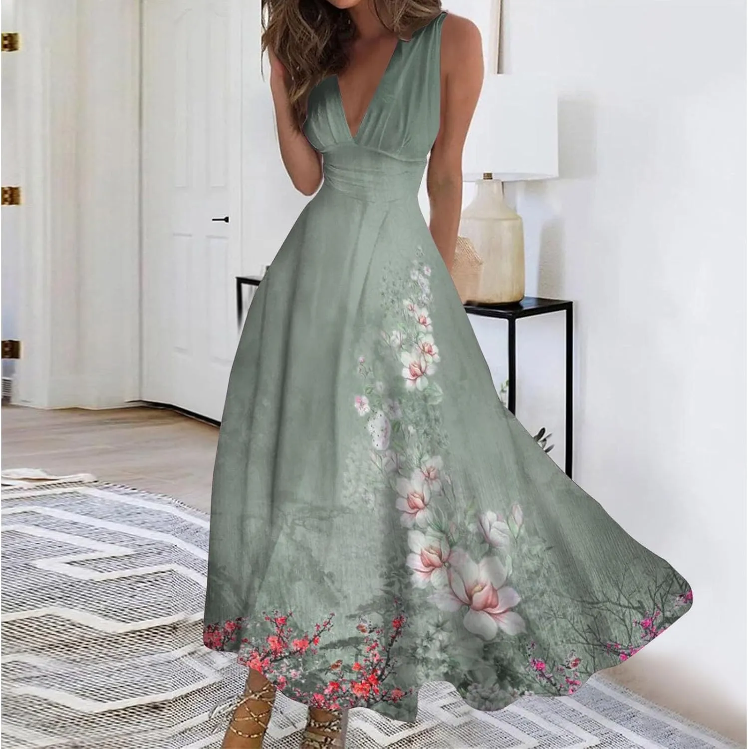 Maxi Dresses for Women 2025 Elegant Wrap V Neck Sleeveless Summer Dress Trendy Floral Print Flowy Beach Boho Dress