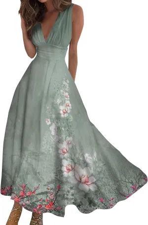 Maxi Dresses for Women 2025 Elegant Wrap V Neck Sleeveless Summer Dress Trendy Floral Print Flowy Beach Boho Dress