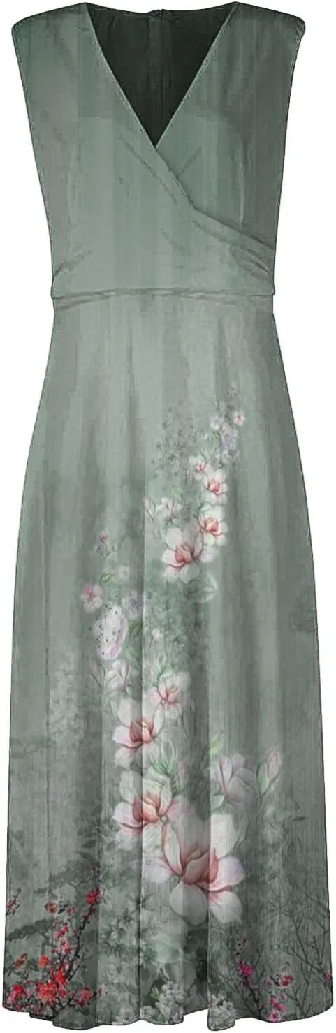 Maxi Dresses for Women 2025 Elegant Wrap V Neck Sleeveless Summer Dress Trendy Floral Print Flowy Beach Boho Dress