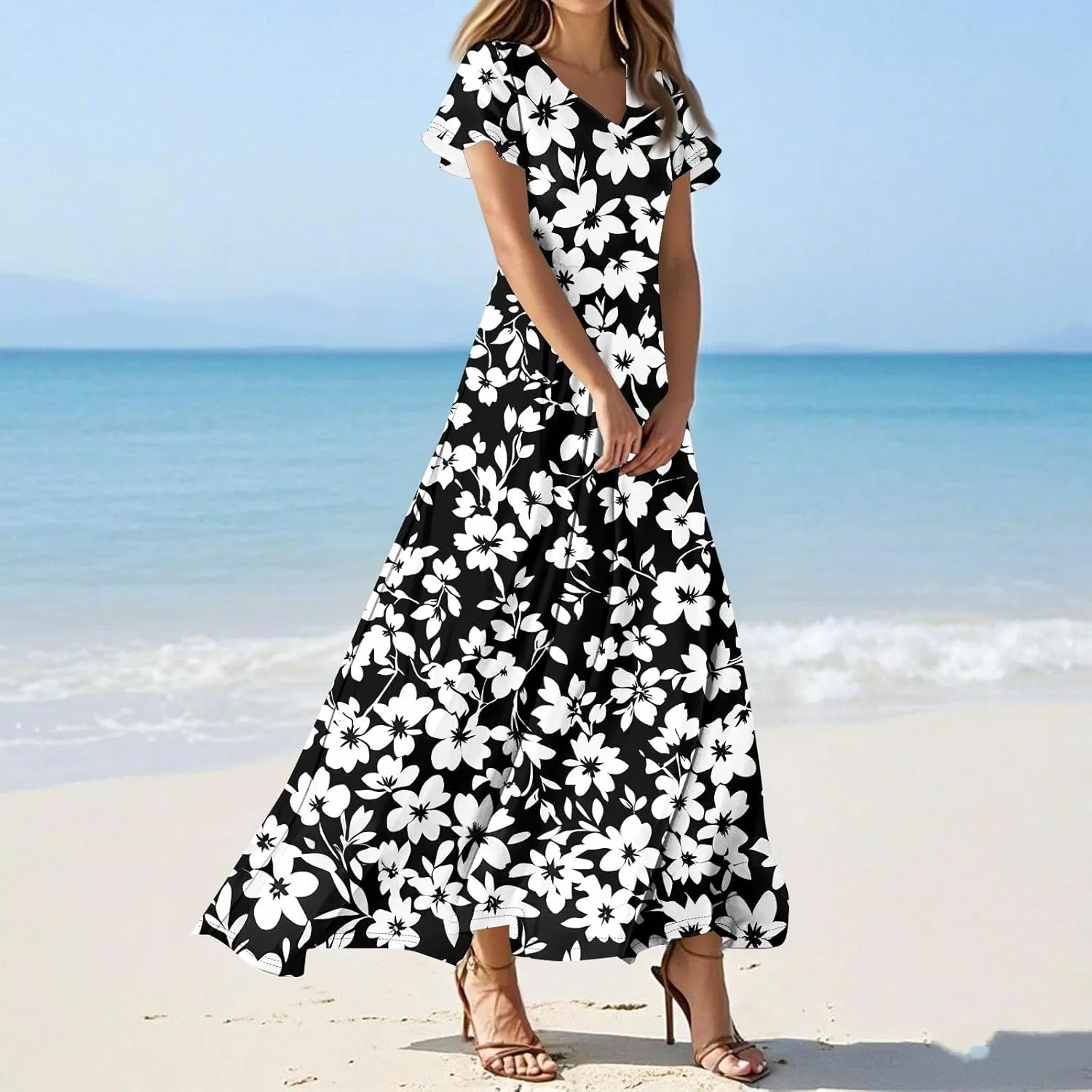 Maxi Dresses for Women 2025 Sundresses Flutter Sleeve Floral Printed Empire Waist Smocked Beach Resort Swing, S-2Xl