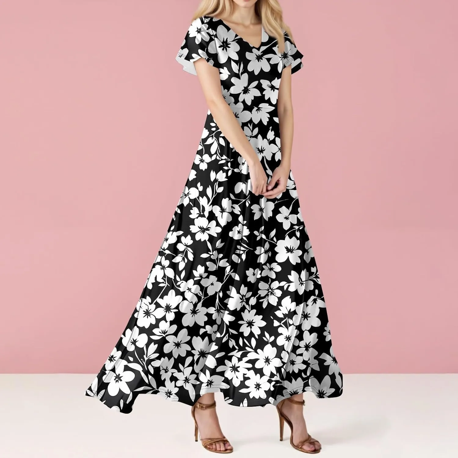 Maxi Dresses for Women 2025 Sundresses Flutter Sleeve Floral Printed Empire Waist Smocked Beach Resort Swing, S-2Xl