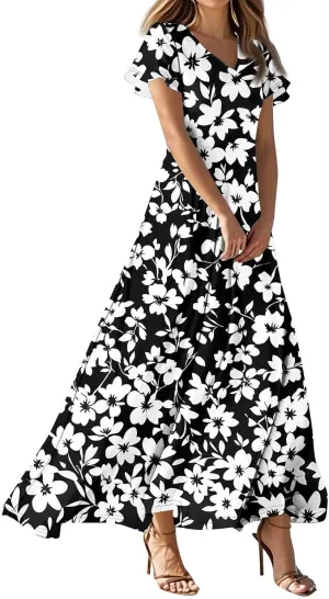 Maxi Dresses for Women 2025 Sundresses Flutter Sleeve Floral Printed Empire Waist Smocked Beach Resort Swing, S-2Xl